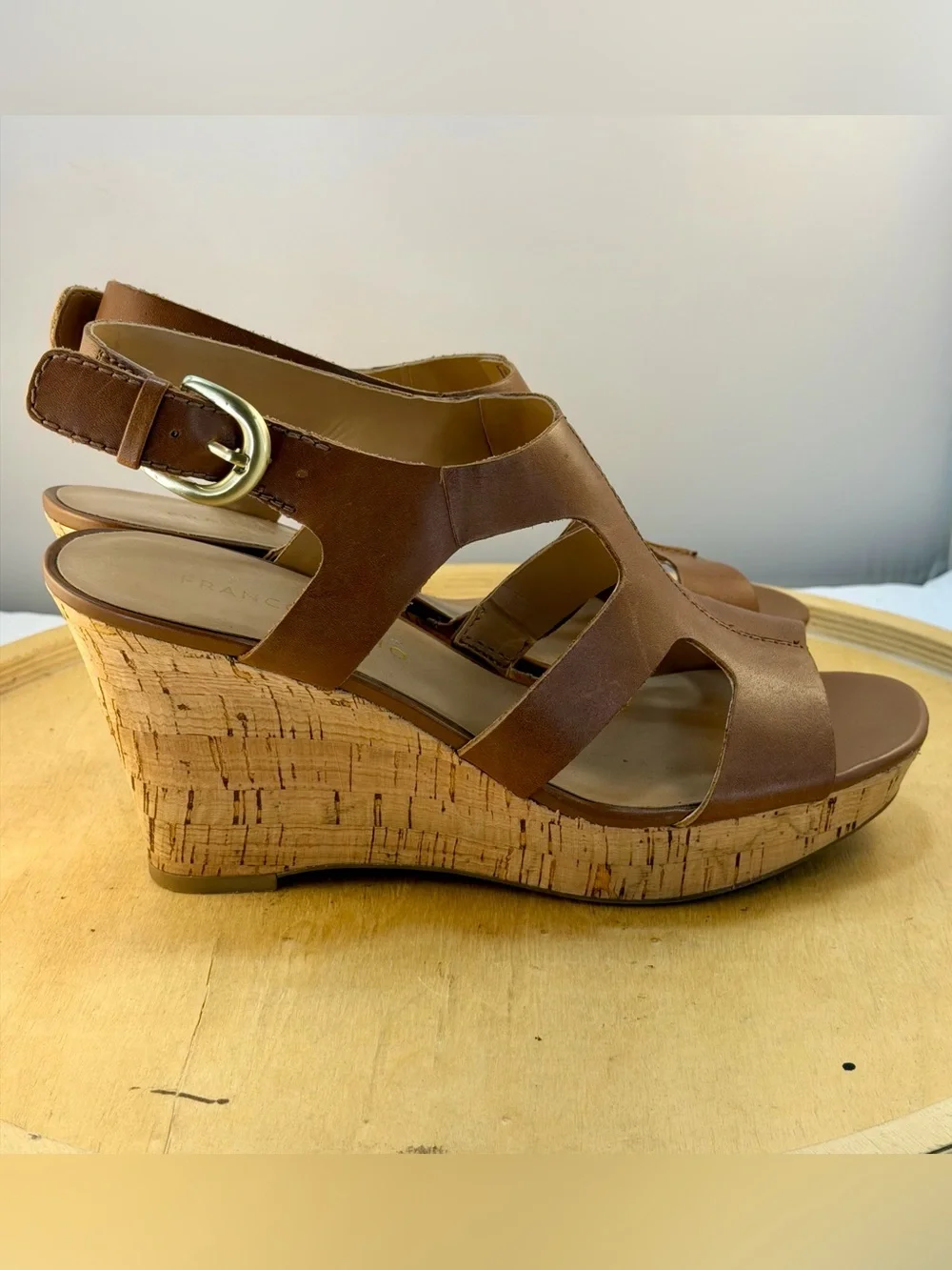 Franco Sarto Collette Brown Leather Cork Wedge Sandals